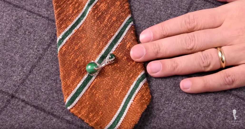 Eagle Claw Cufflinks with Malachite Balls matched with Shantung Striped Bronze Orange, Green, and Cream Silk Tie both by Fort Belvedere