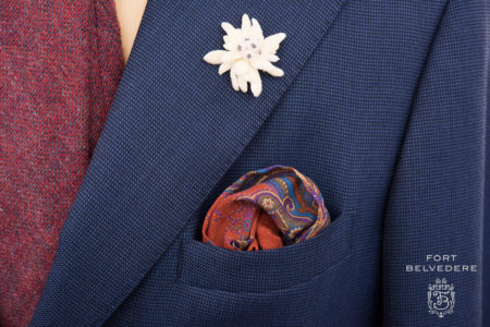 Orange Pupele Blue Green Silk Wool Pocket Square with Medallion Handrolled Edges by Fort Belvedere