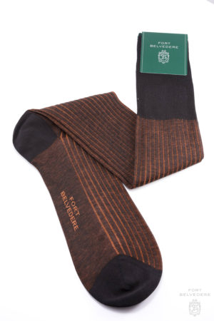 Orange and Charcoal Ribbed Over the Calf Socks with Shadow Stripes Cotton Fil d Ecosse - Made in Italy by Fort Belvedere