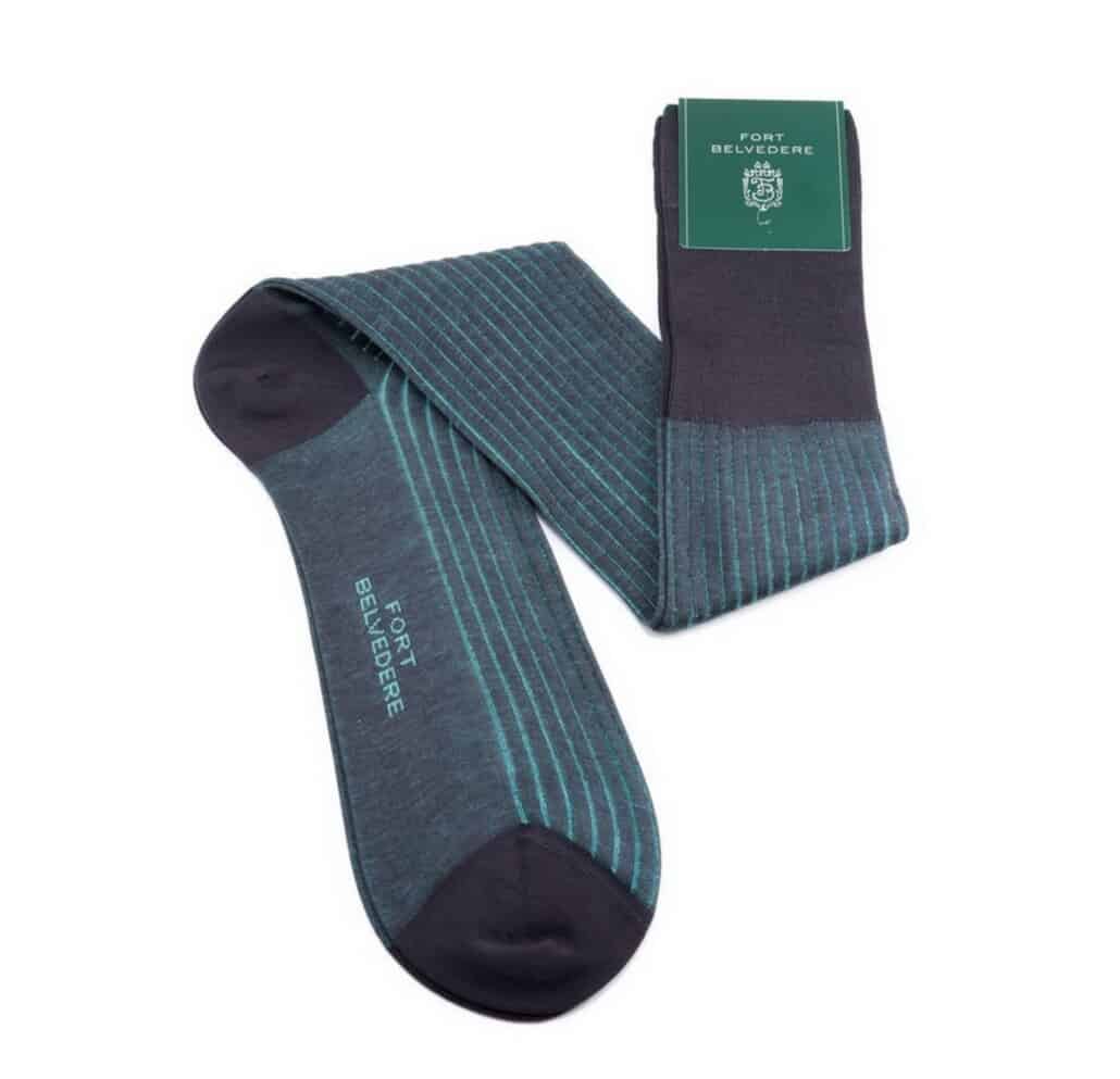 Shadow Stripe Ribbed Socks Grey and Turquoise Green Fil d'Ecosse Cotton