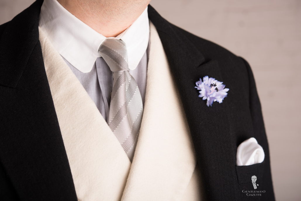 Morning attire can be worn with a range of ties, including classic wedding ties in silver and black