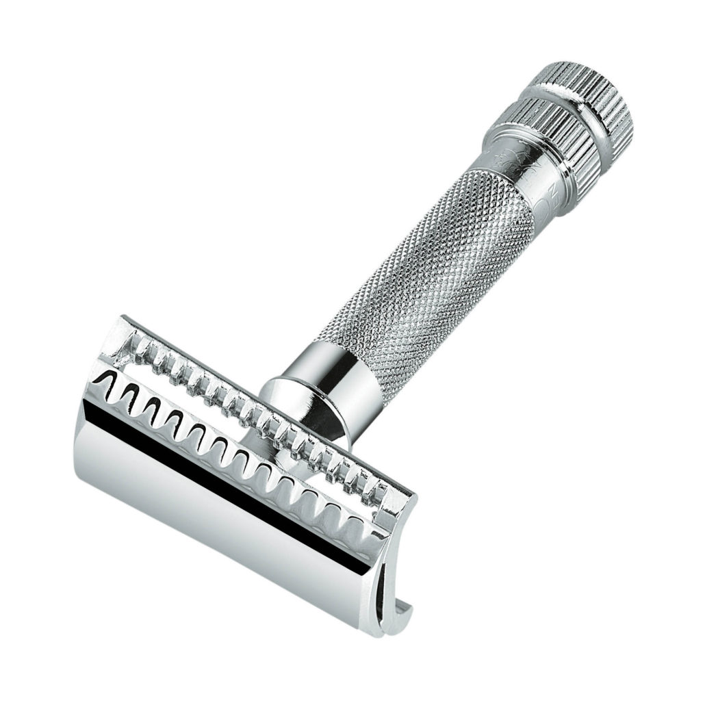 The aggressive Merkur Slant Bar razor is well suited to coarse hair and a practiced hand