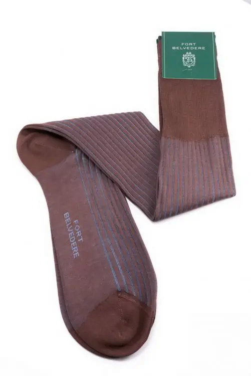 Shadow Stripe Ribbed Socks Light Brown and Blue Fil d'Ecosse Cotton