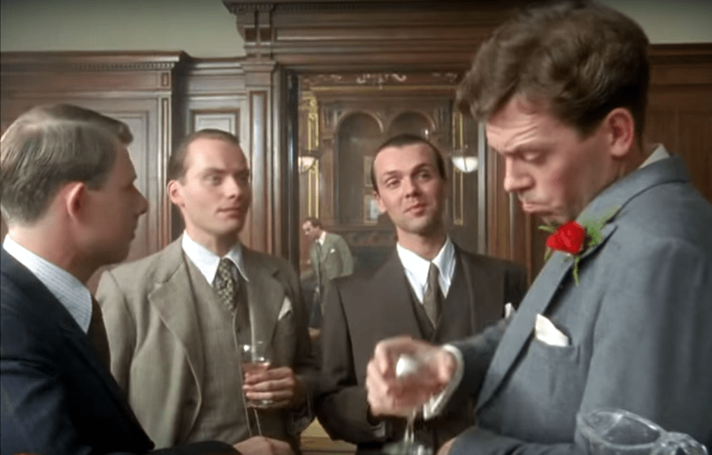 A boutonniere distinguishes Bertie from his companions at the gentleman's club