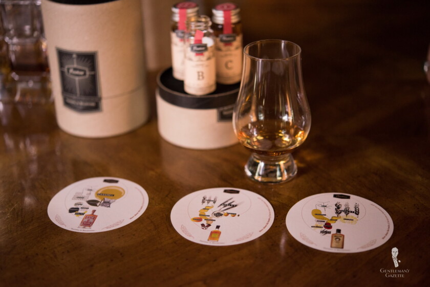 A photo showing a Glencairn glass and coasters for a whisky tasting