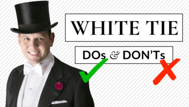 Raphael wearing a white tie ensemble; text reads, "White Tie DOs & DON'Ts" along with a green check mark and red X.