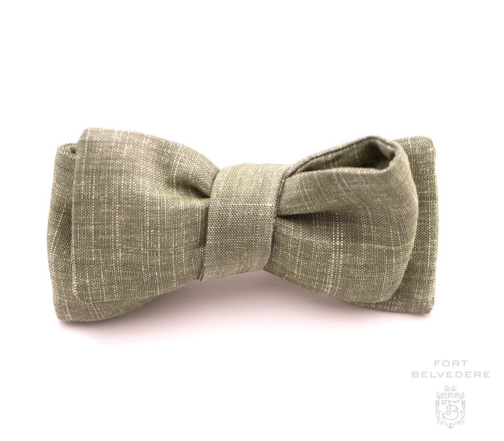 Bow Tie in Solid Olive Green Textured Wool Linen Blend