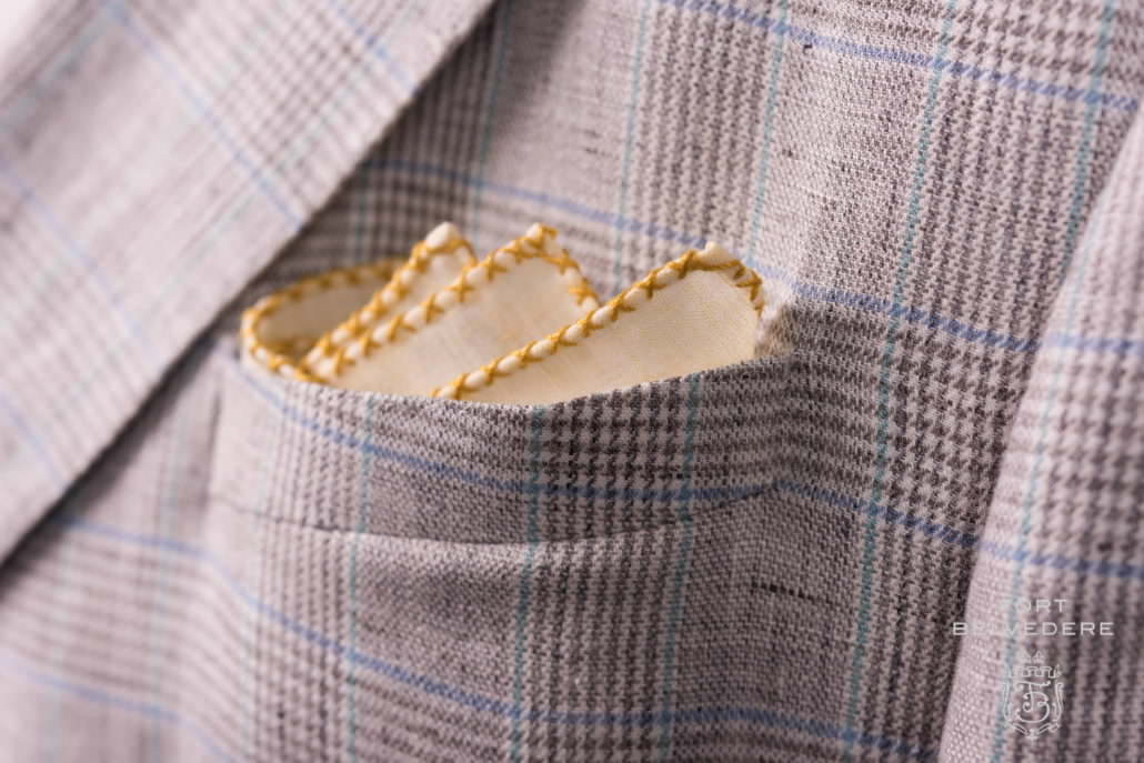 Pale Yellow Linen Pocket Square with yellow x stitch edge handrolled Fatto a mano Made in Italy - Fort Belvedere