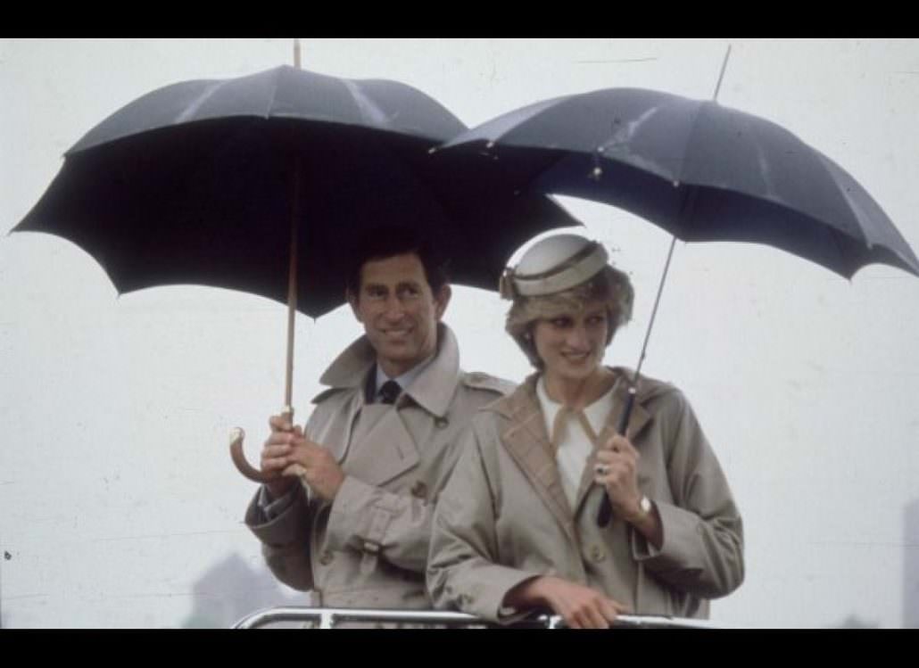 Charles and Diana wearing Burberry raincoats