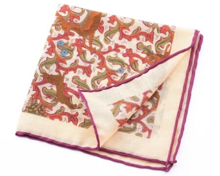 Ivory Silk-Wool Pocket Square with Hunting Motifs