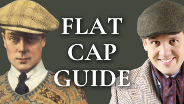 At left, a painting of Edward VIII a checkered flat cap, shirt, tie, and fair-isle sweater; at right, Raphael in a flat cap, overcoat, shirt, tie, and scarf. Text reads, "Flat Cap Guide"