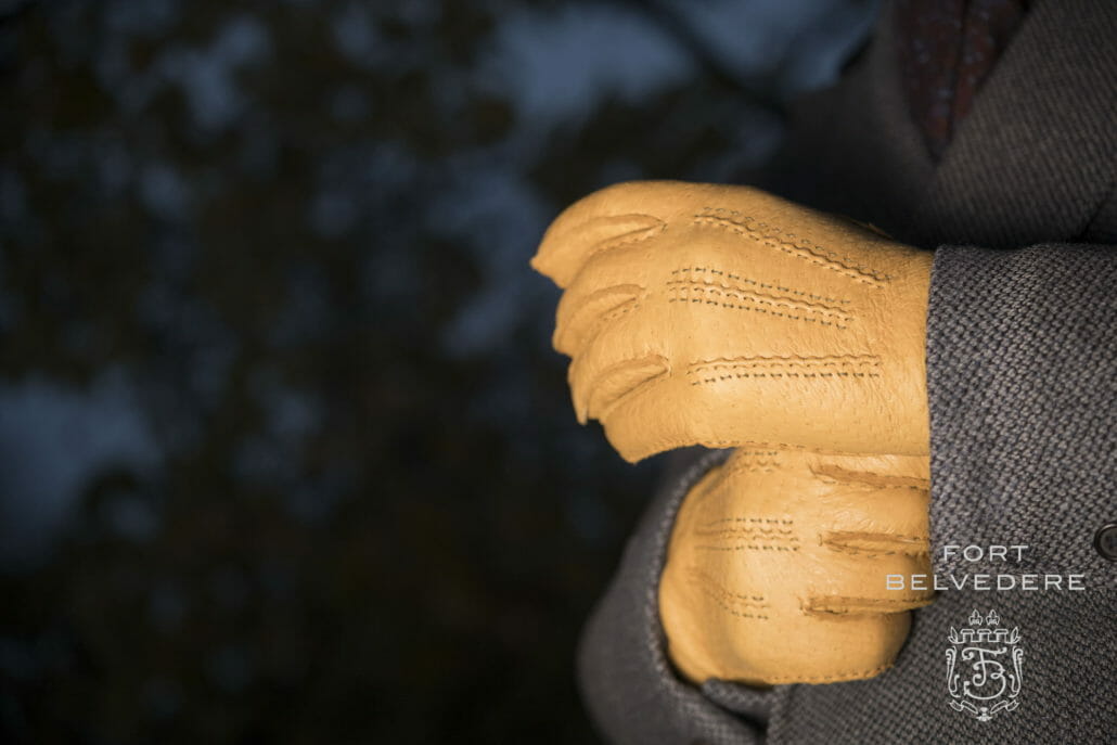 Chamois Yellow Peccary Mens Dress Gloves Hydropeccary handsewn with cashmere lining by Fort Belvedere
