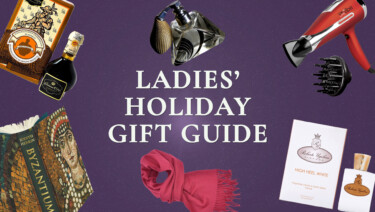 Various gifts for ladies, including a premium hair dryer, balsamic vinegar, and a Fort Belvedere cashmere scarf, on a purple background, surrounding text reading, "Ladies' Holiday Gift Guide"