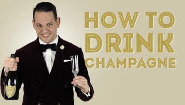 How to drink Champagne Cover with Raphael in Black Tie with Champagne bottle and glass