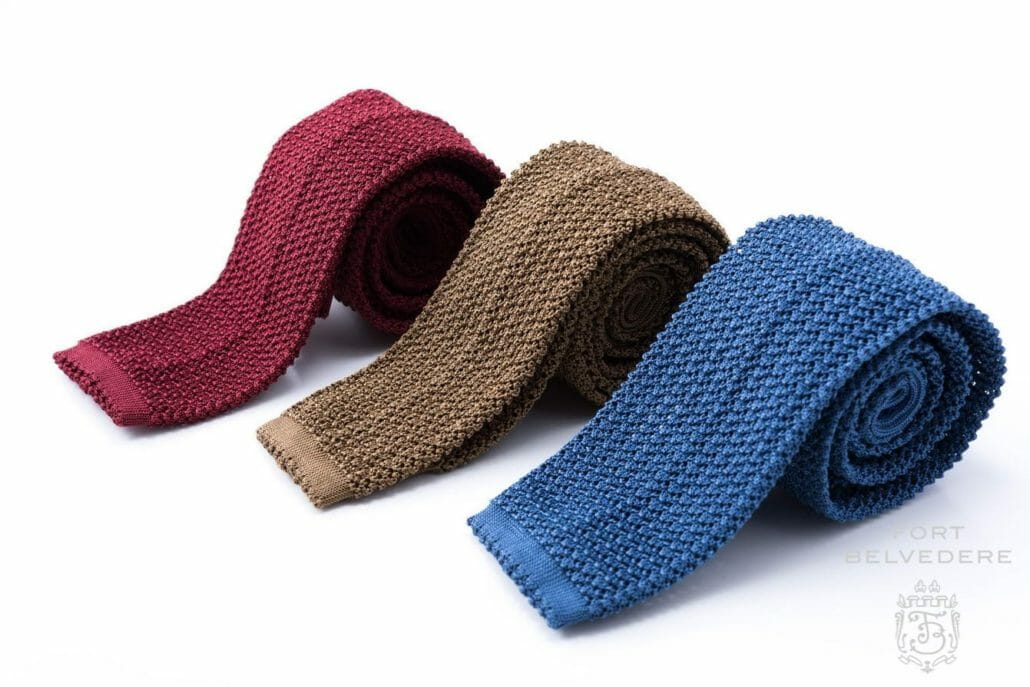 Dark red, light blue, tobacco brown silk knit ties by Fort Belvedere