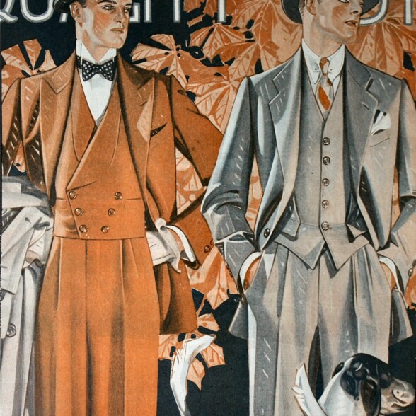 Vintage illustration of suits featuring double pleats from Kuppenheimer, a menswear retailer based in Chicago, photographed by John Blah.
