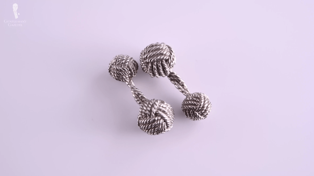 Prototype of the Fort Belvedere monkey fist cufflinks with a rope connection that looks different than the production modell