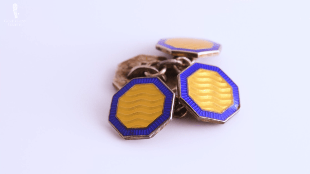 Blue and yellow cloisonne enamel double-sided cufflinks in sterling silver