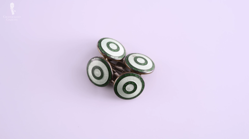 Pale green and green circular pattern cloisonne enamel cufflinks bought at a flea market in Budapest in 2006