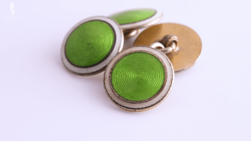 Granny Smith Green and White round cloisonne enamel cufflinks on sterling silver