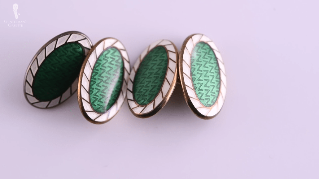 Green and white cloisonne enamel chain cufflinks on sterling silver with gold plating