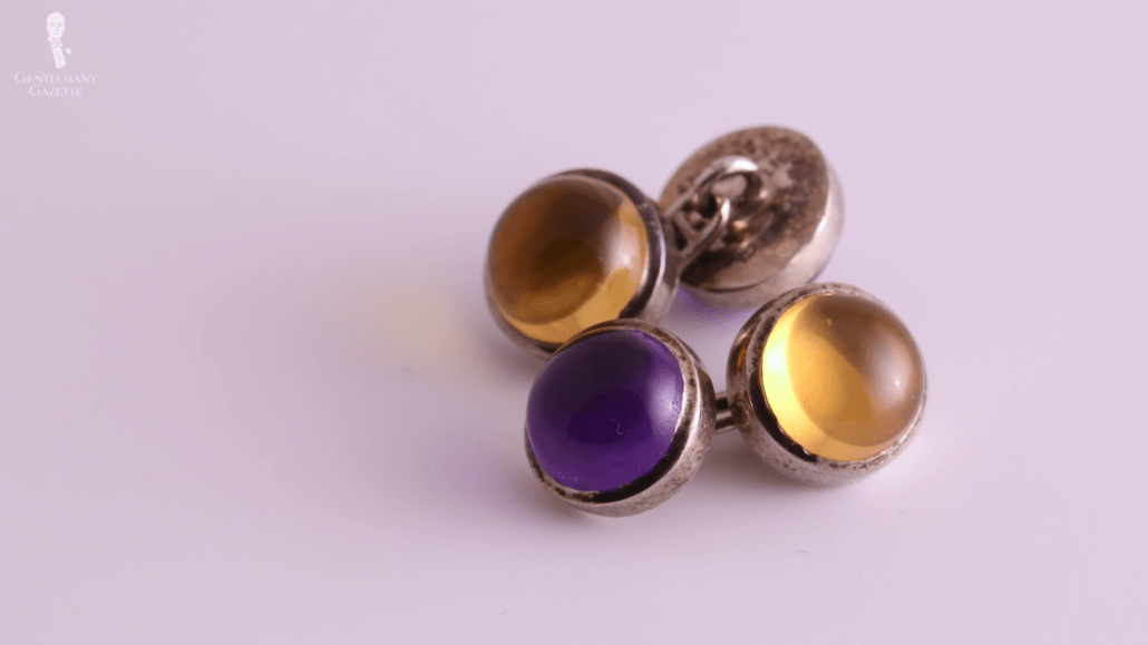 Yellow and purple glass cufflinks with sterling silver double sided