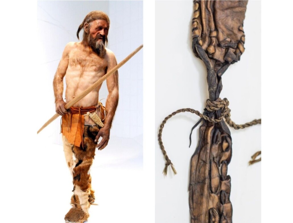 A sculpted life-size rendition of Ötzi the Iceman wearing his belt pouch, also visible in its original state at right.