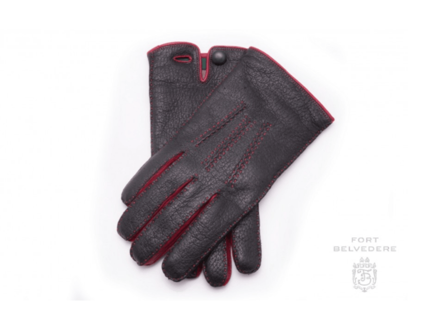 Black and Red Peccary Gloves Cashmere Lined Waterproof - Fort Belvedere