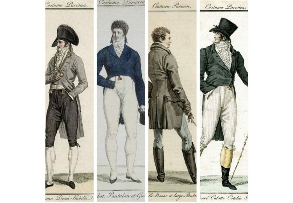 Early 19th-century French fashion illustrations emphasizing pockets in menswear, including the, ahem, interesting placement of the second one