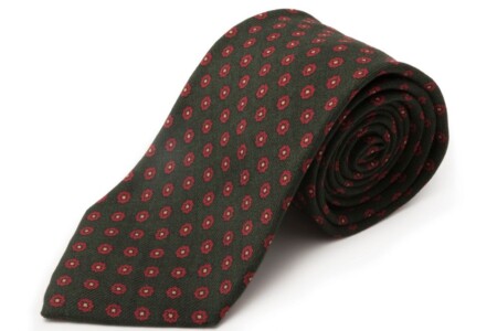 Wool Challis Tie in Olive Green with Small Geometric Pattern in Red and Orange