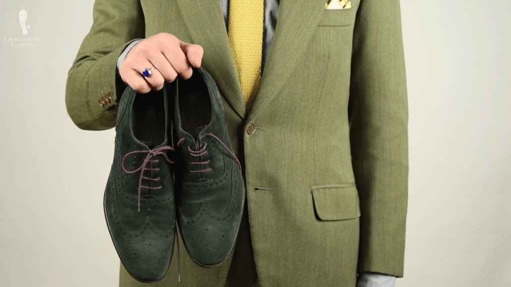Green suede full brogue Oxfords by Scarosso with purple shoelaces by Fort Belvedere