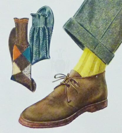 A 1930s ad selling brown, teal, and yellow socks.