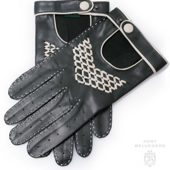 British Racing Green Driving Gloves in Lamb Nappa Leather with White Contrast Detailing