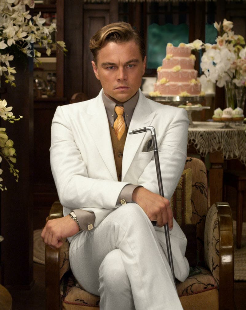 Leonardo DiCaprio as the great Jay Gatsby in a white suit