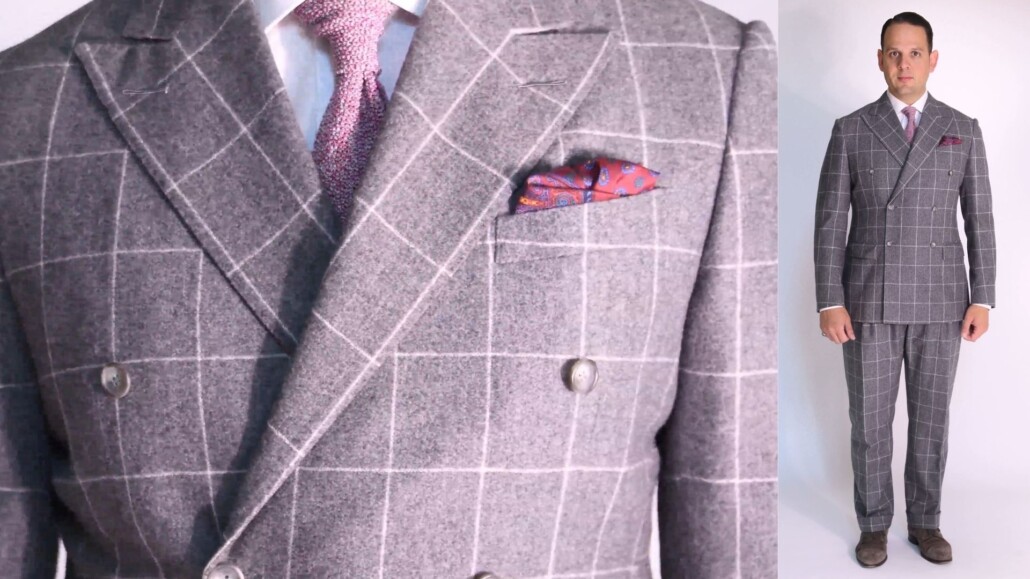 Double-breasted windowpane suit from Vitale Barberis Canonico fabric.