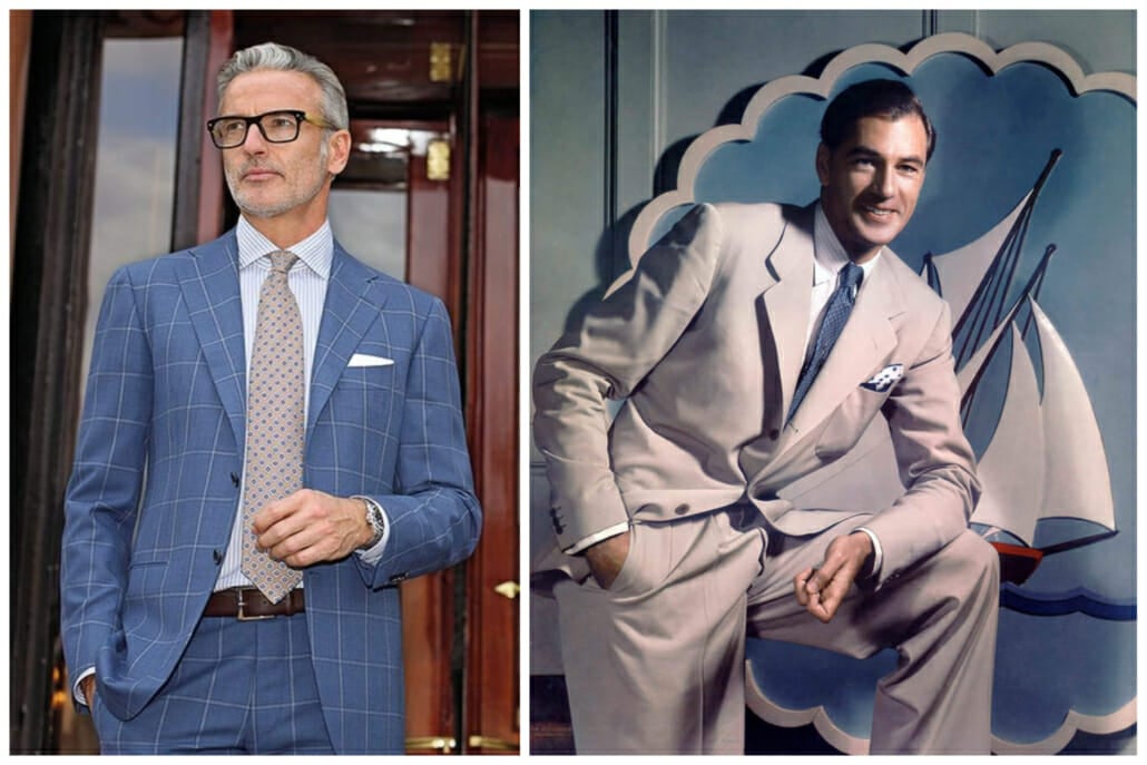 A contemporary Cesare Attolini suit with a high gorge; Gary Cooper in the late 1930s wearing a suit with a low gorge