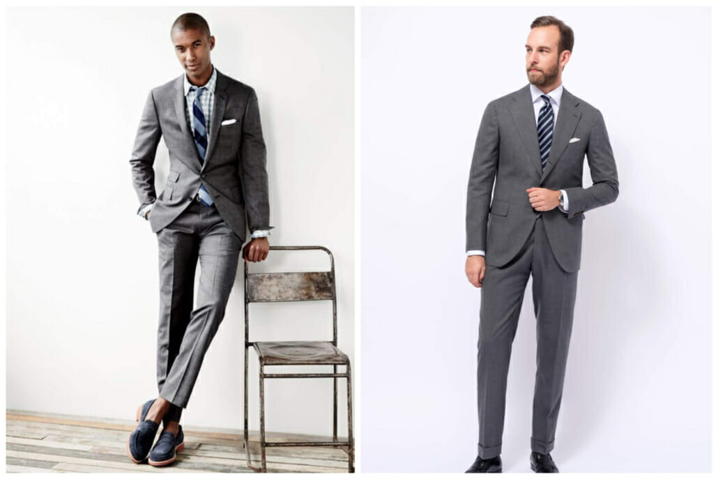 A J.CREW Ludlow suit with skinny lapels compared to an Orazio Luciano suit with wide lapels.