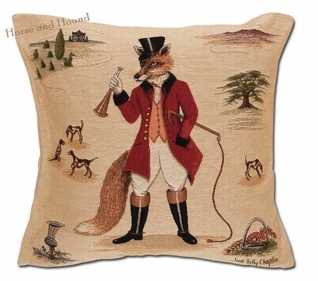 Ironic pillow showing a fox wearing a traditional red English hunting costume by Horse and Hound