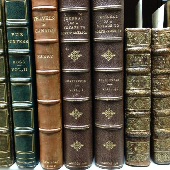 Leather bound travel books on a shelf