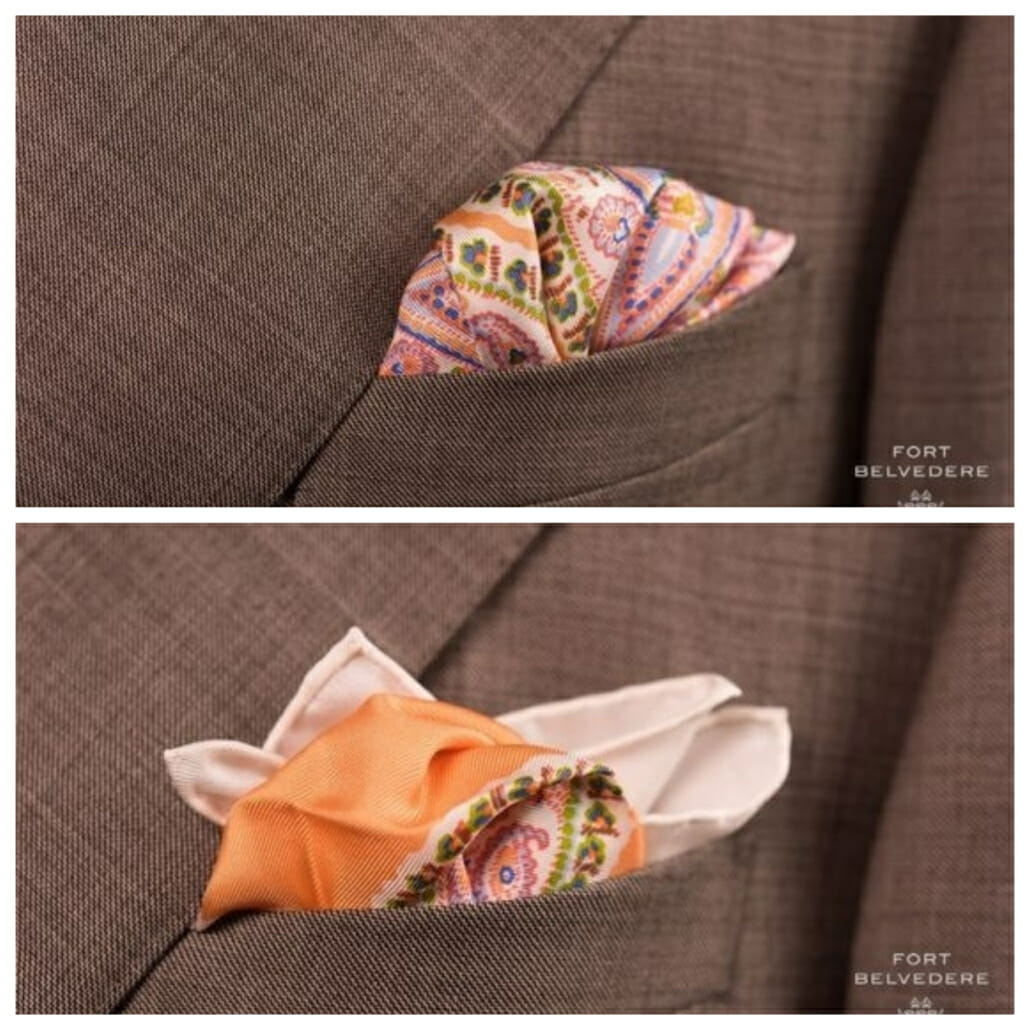 A complex silk pocket square in orange, blue, green, red, and white worn two ways