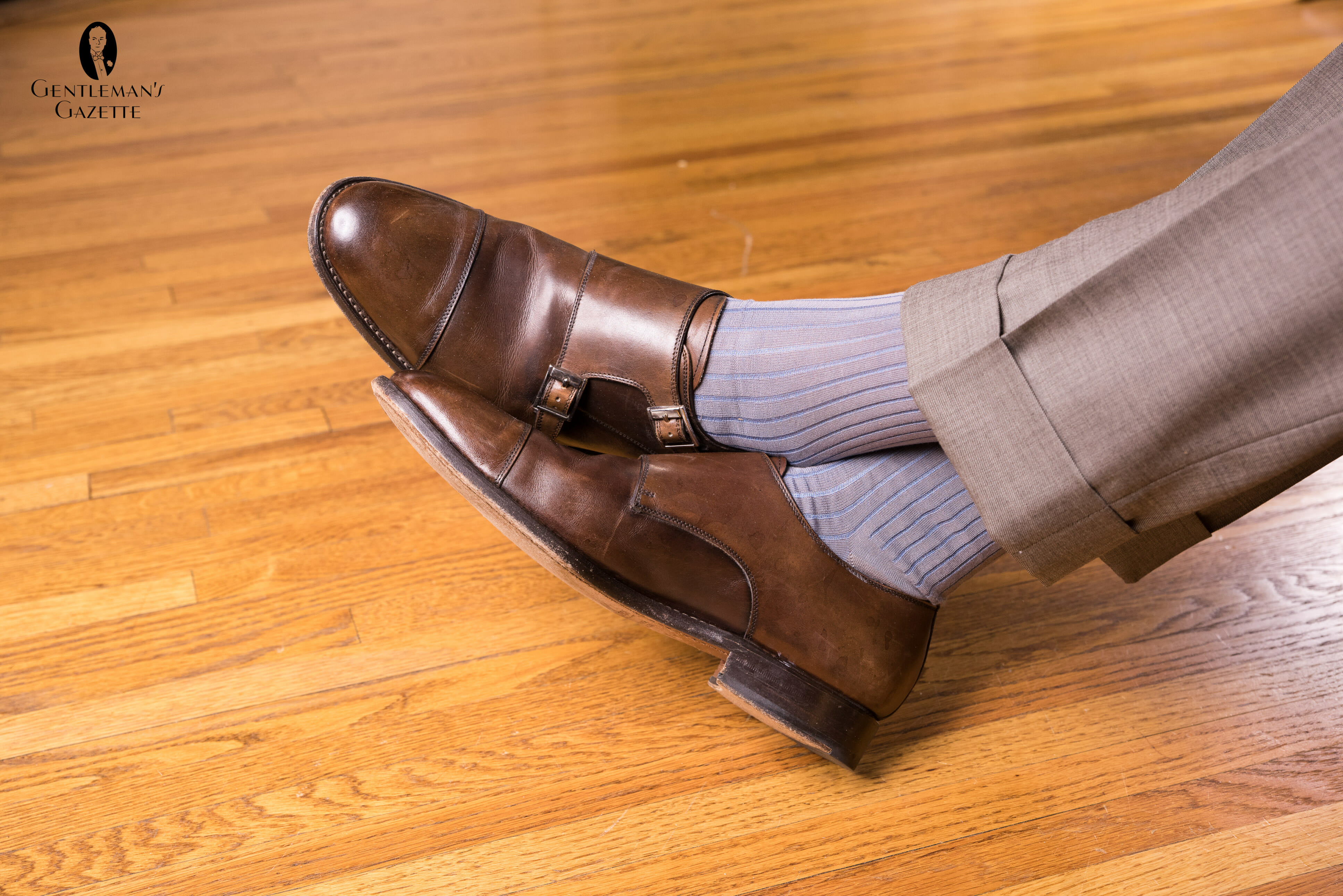 Dark brown double monks paired with OTC socks from Fort Belvedere