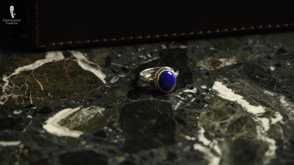 Dark blue lapis lazuli in a sterling silver ring
