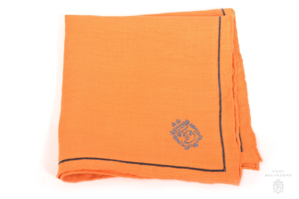 Bright Orange Linen Pocket Square with Pewter Contrast Embroidery - Fort Belvedere