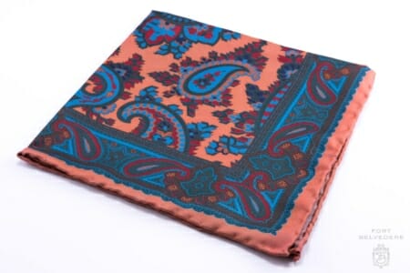 Bronze Orange Madder Silk Pocket Square with Turquoise,Green, Brown Large Paisley- Fort Belvedere