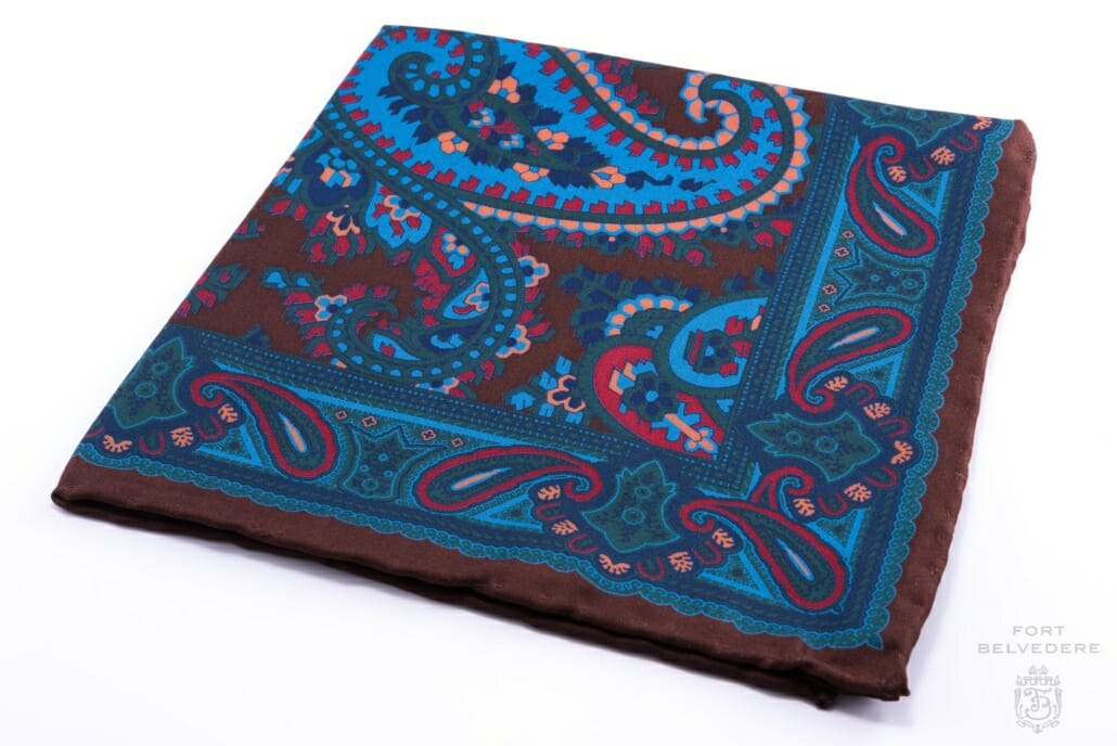 Brown Madder Silk Pocket Square with Turquoise,Green, Brown Large Paisley- Fort Belvedere