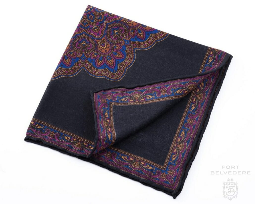 Charcoal, Purple and Blue Silk-Wool Pocket Square with Paisley Motifs - Fort Belvedere