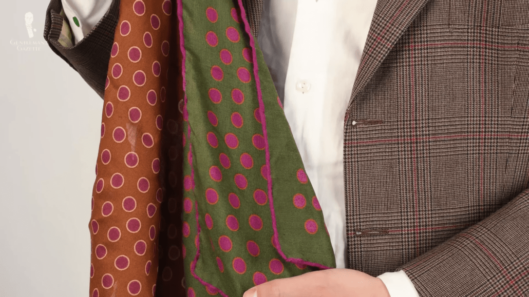 Green pocket square in green with purple dots and edge