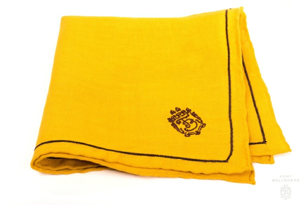 Mustard Yellow Linen Pocket Square with Brown Contrast Embroidery - Fort Belvedere