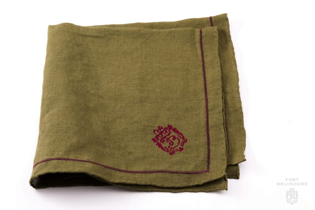 Olive Green Linen Pocket Square with Dark Brown Contrast Embroidery - Fort Belvedere