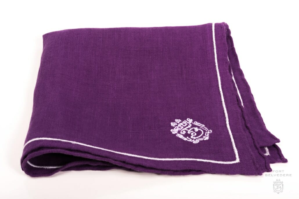 Purple Linen Pocket Square with Silver Grey Contrast Embroidery - Fort Belvedere